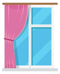 Window with pink curtain. Cartoon color interior element