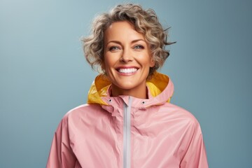 Portrait of a blissful woman in her 50s sporting a waterproof rain jacket against a pastel or soft...