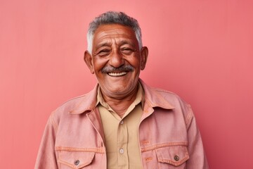 Portrait of a glad indian man in his 80s sporting a rugged denim jacket against a pastel or soft...