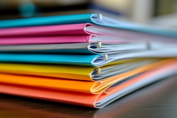 Macro shot of a stack of business reports with colorful tabs - obrazy, fototapety, plakaty