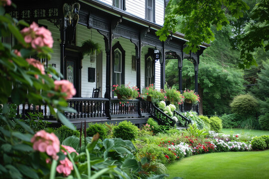 an image of an old home with black porches and flowers