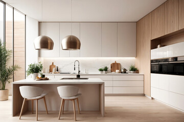Fototapeta na wymiar A serene kitchen with pastel tones and a white empty canvas frame