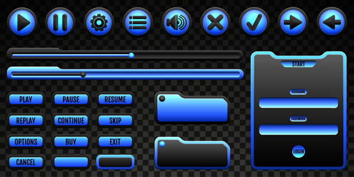 Game Menu Interface Buttons and Panels GUI Elements Set with Black and Neon Blue Border for Game UI Designs