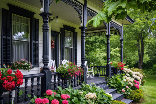an image of an old home with black porches and flowers