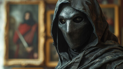 Thief with black mask standing in picture museum. - obrazy, fototapety, plakaty