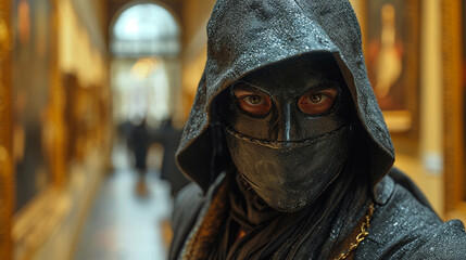 Thief with black mask standing in picture museum. - obrazy, fototapety, plakaty