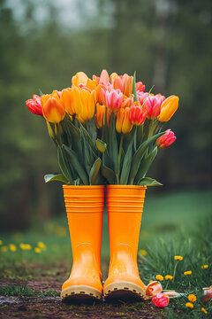 Fototapeta A bouquet of colored tulips in orange rubber boots on the garden background. Template concept for spring holidays, work in the garden, congratulations on Mother's Day and Women's Day. Copy space.
