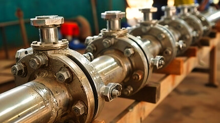 Industrial Plumbing: Close-Up of Metal Pipes and Valves in a Manufacturing Setting
