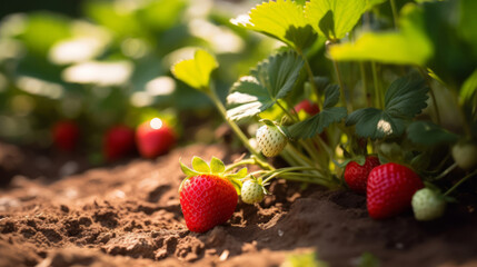 close up of vibrant strawberries growing in rich, sun-dappled soil, homegrown garden