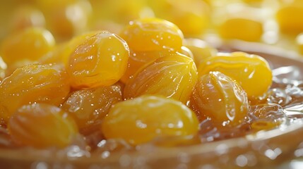 Dried apricots in a metal bowl on a wooden table, closeup