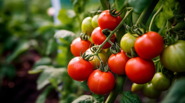 close up of red tomatoes ripening on the vine in a garden, from green to red