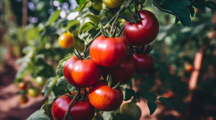 Obraz premium close up а rare tomatoes ripening on the vine in a garden, celebrating the bountiful harvest of rural farms