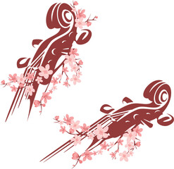violin neck decorated with blooming sakura flower branches - classical music and string instrument nature harmony vector design