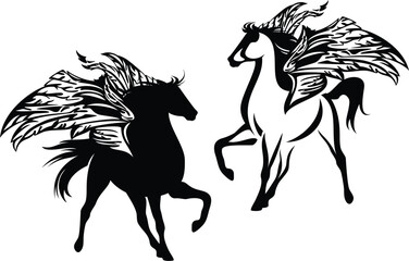 majestic fairy tale winged pegasus horse silhouette and outline - magic animal black and white vector design set