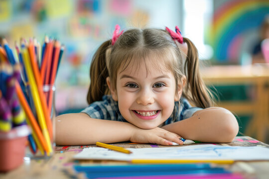 Excited little girl learns to draw with a colour pencil in an art class