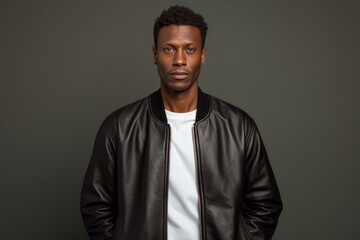 Obraz premium Portrait of a satisfied afro-american man in his 40s sporting a stylish varsity jacket against a minimalist or empty room background. AI Generation