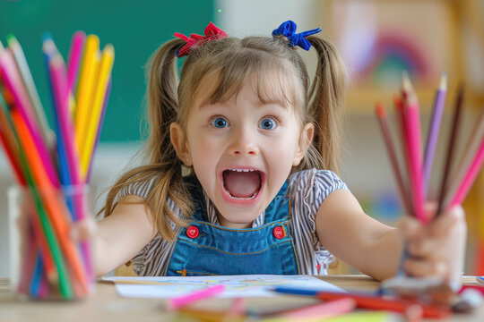 Excited little girl learns to draw with a colour pencil in an art class