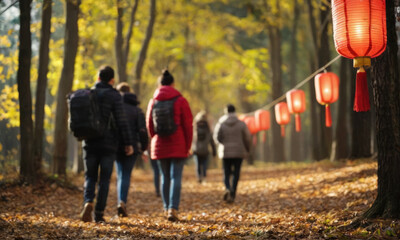 Obraz premium Chinese paper lanterns point people to the forest path.
