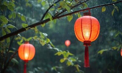 Chinese paper lanterns in a flowering forest in the rain.