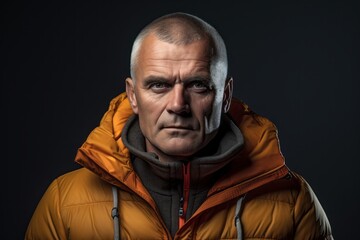 Portrait of a content man in his 50s donning a durable down jacket against a minimalist or empty room background. AI Generation
