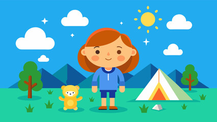 Happy child camping in nature with tent and teddy bear vector illustration