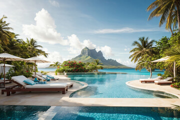 Fototapeta na wymiar Indulge in seaside luxury with a modern beachfront hotel.Maldives, Thai,a stunning swimming pool overlooking crystal clear waters