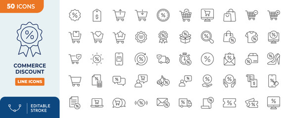 Commerce Discount Line Editable Icons set. Editable stroke. Vector illustration