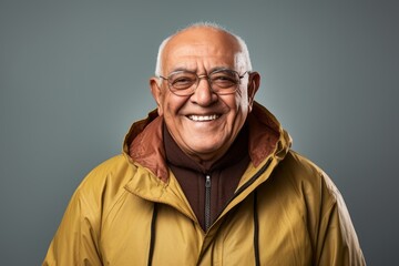 Portrait of a happy indian man in his 80s wearing a windproof softshell against a minimalist or empty room background. AI Generation