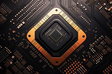  motherboard with CPU Socket. Computer hardware chipset components close-up in orange light. Tech industry electronics background