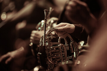 French horn in the hands of a musician in an orchestra close-up in dark colors - 716831978