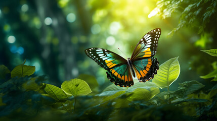 illustration of beautiful butterflies flying in green and natural leaves