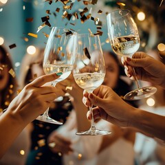 glasses of champagne in a restaurant, a group of women holding up wine glasses in a toasting line with confetti falling from the glasses