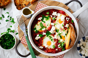 Shakshukka with feta and bread.traditional moroccan dish. selective focus. hugge style