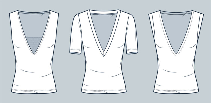 Plunging neckline T-Shirt technical fashion illustration. Slim fit Top fashion flat technical drawing template, v-neck, short sleeve, sleeveless, front view, white, women CAD mockup set.