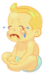 Crying baby. Cartoon toddler in tears. Sad kid