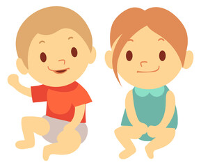 Happy toddlers. Boy and girl sitting. Cartoon babys