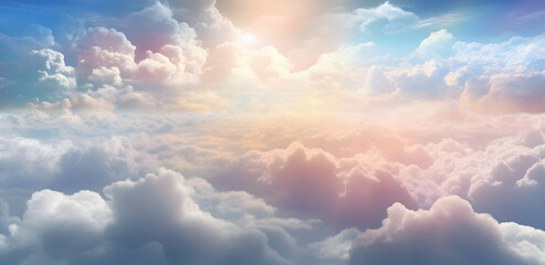 This is exactly what heaven looks like - looking over the top of a blanket of gorgeous pastel coloured fluffy clouds depicting heavenly lansdcape background ideal for a spiritual theme
- 716832744
