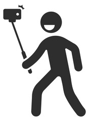 Smiling human with selfies stick. Black figure icon