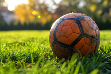 Professional FIFA Size 5 soccer ball, stadium turf, goal in distance background. generative AI