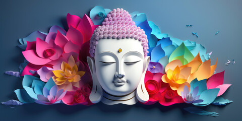 glowing crystal buddha face with 3d paper cut clouds colorful flowers, nature background, colorful...