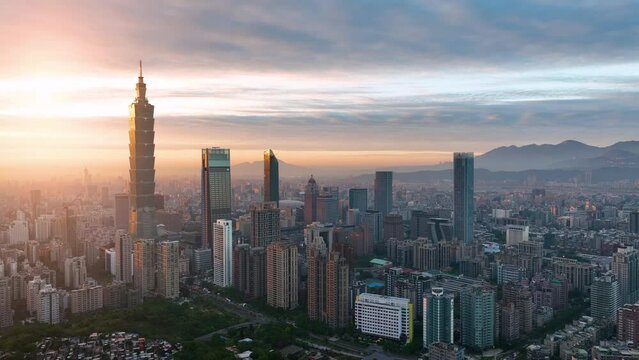 Aerial view of Taipei, the capital of Taiwan, and a beautiful sunset sky.