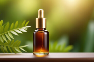 Fototapeta premium Amber brown dropper bottles and oily pipette. Blurry lush green foliage background. Bio Brand mockup. Face body care. Health eco product ad. Serum, oil. Skin care product. Beauty spa natural cosmetics
