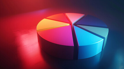 Obraz premium A 3D hologram of a pie chart with different colored segments, business, dynamic and dramatic compositions, with copy space