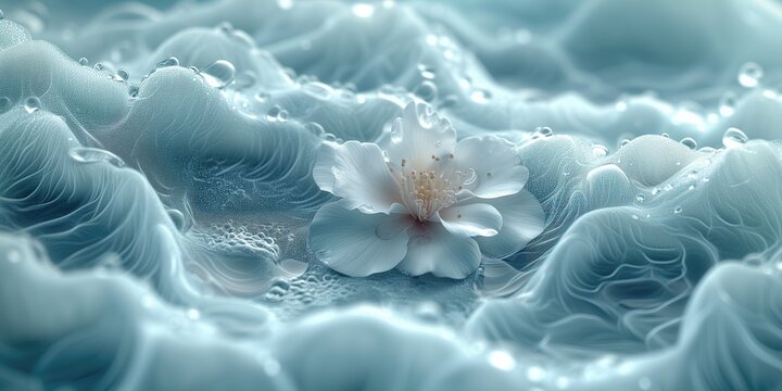 white petunia flower in a sea of light blue sheet imitating the soft waves of water, with small drops decorating providing freshness, awakening the sensation of perfume and soft elegance essence 