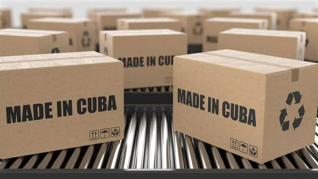 Cardboard boxes with Made in Cuba text on roller conveyor. Factory production line warehouse. Manufacture export or delivery concept. 3D render animation. Seamless loop
