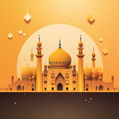 Ramadan Kareem greeting card with paper cut mosque and crescent. Vector illustration. eps