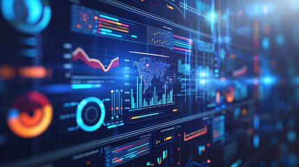 Fototapeta premium A floating holographic dashboard with various business analytics, business, dynamic and dramatic compositions, with copy space