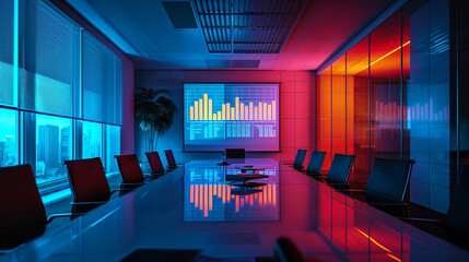 A holographic projection of a risk assessment chart in a meeting room, business, dynamic and dramatic compositions, with copy space