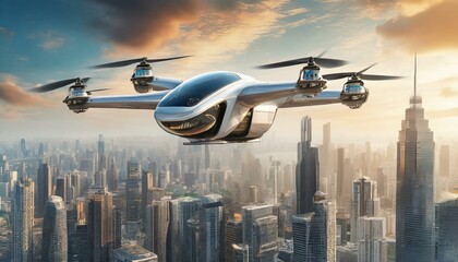 Fototapeta na wymiar panorama of the city, futuristic manned roto passenger drone flying in the sky over modern city for future air transportation and robotaxi concept as wide banner with copy space area