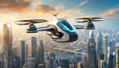 Naklejka na ściany i meble spaceship flying above the clouds, futuristic manned roto passenger drone flying in the sky over modern city for future air transportation and robotaxi concept as wide banner with copy space area